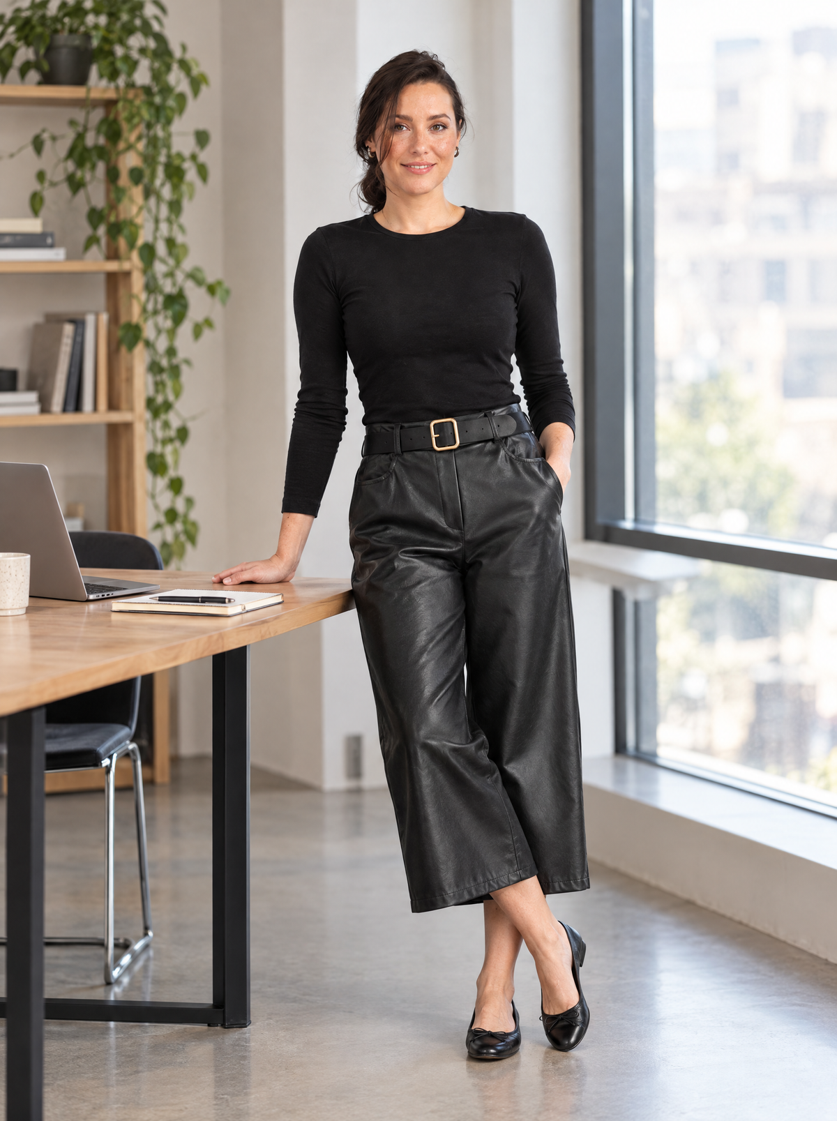 Caterina | Women's Faux Leather Capri Trousers with Belt