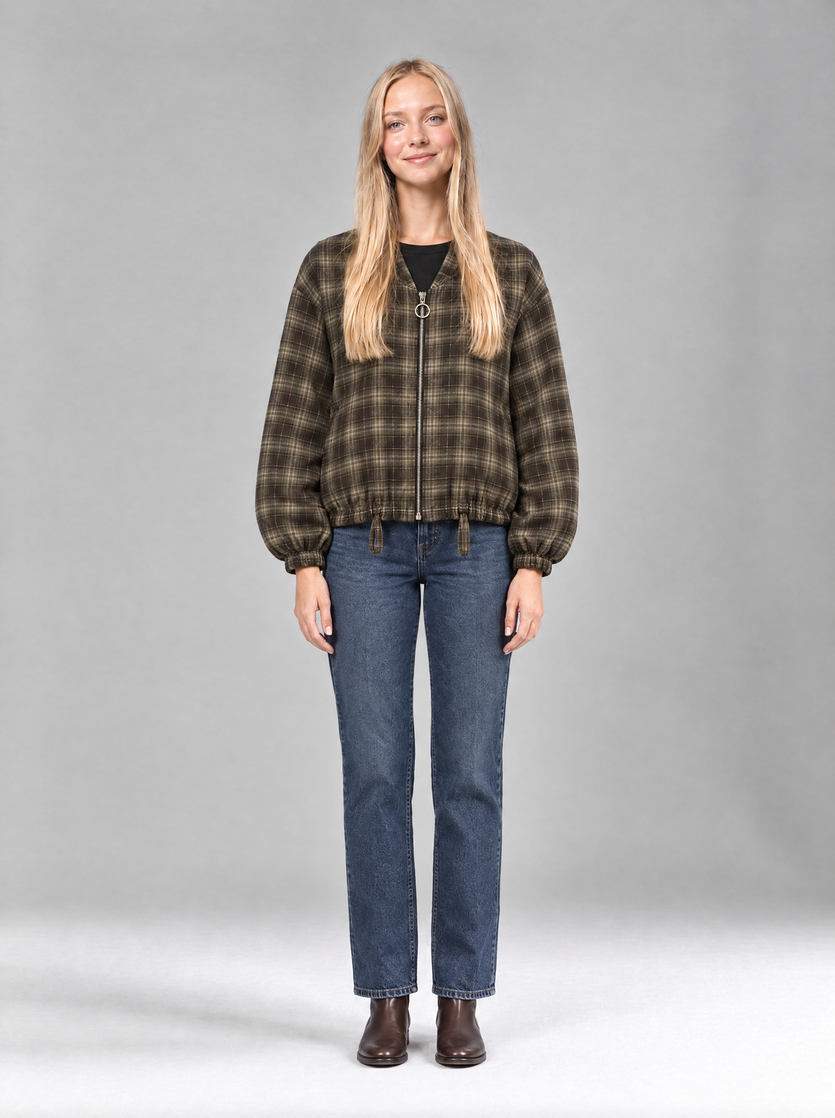 Carla | Women's Checked Teddy Bomber Jacket with Zip