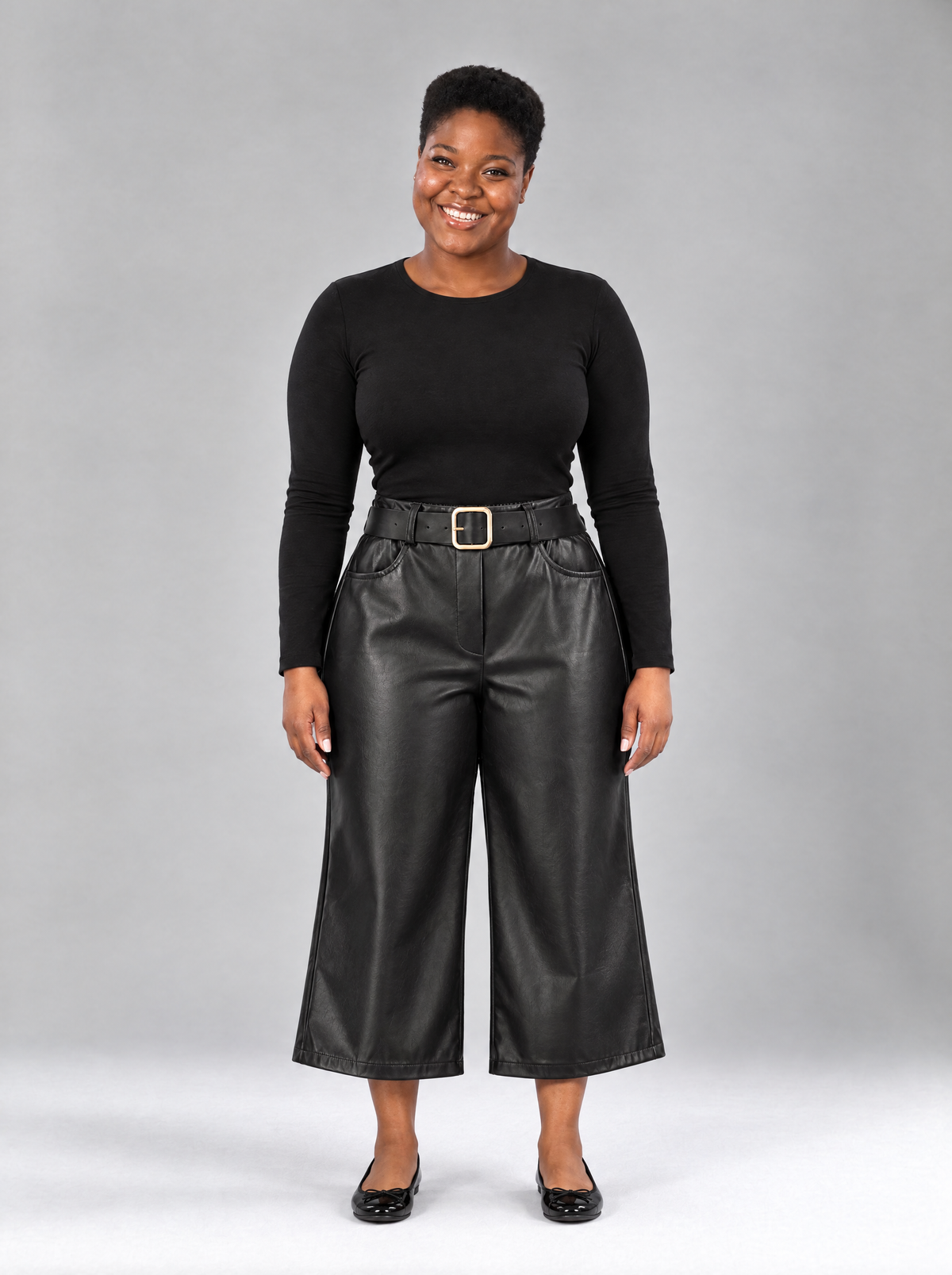 Caterina | Women's Faux Leather Capri Trousers with Belt