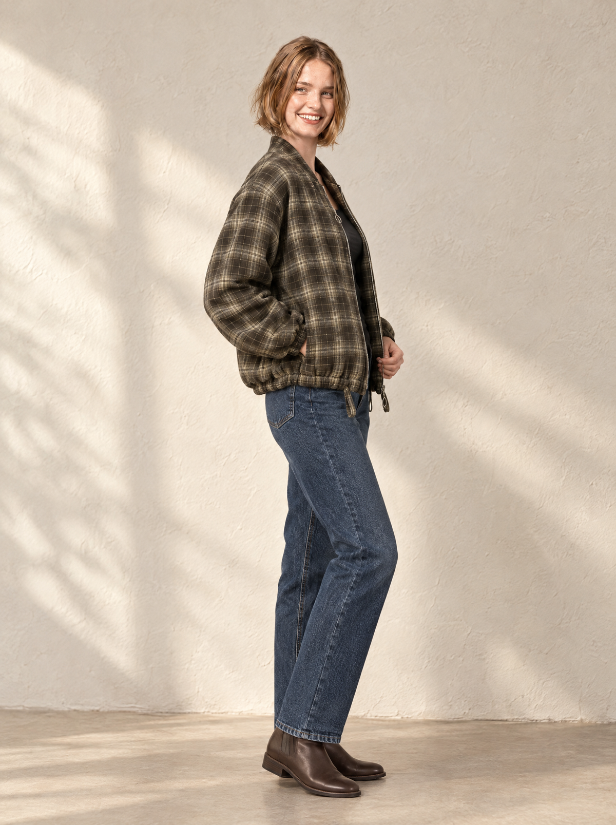 Carla | Women's Checked Teddy Bomber Jacket with Zip