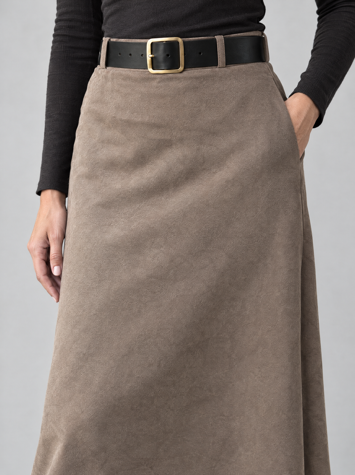 Margherita | Women's Faux Suede Maxi Skirt with Belt, enlarged view