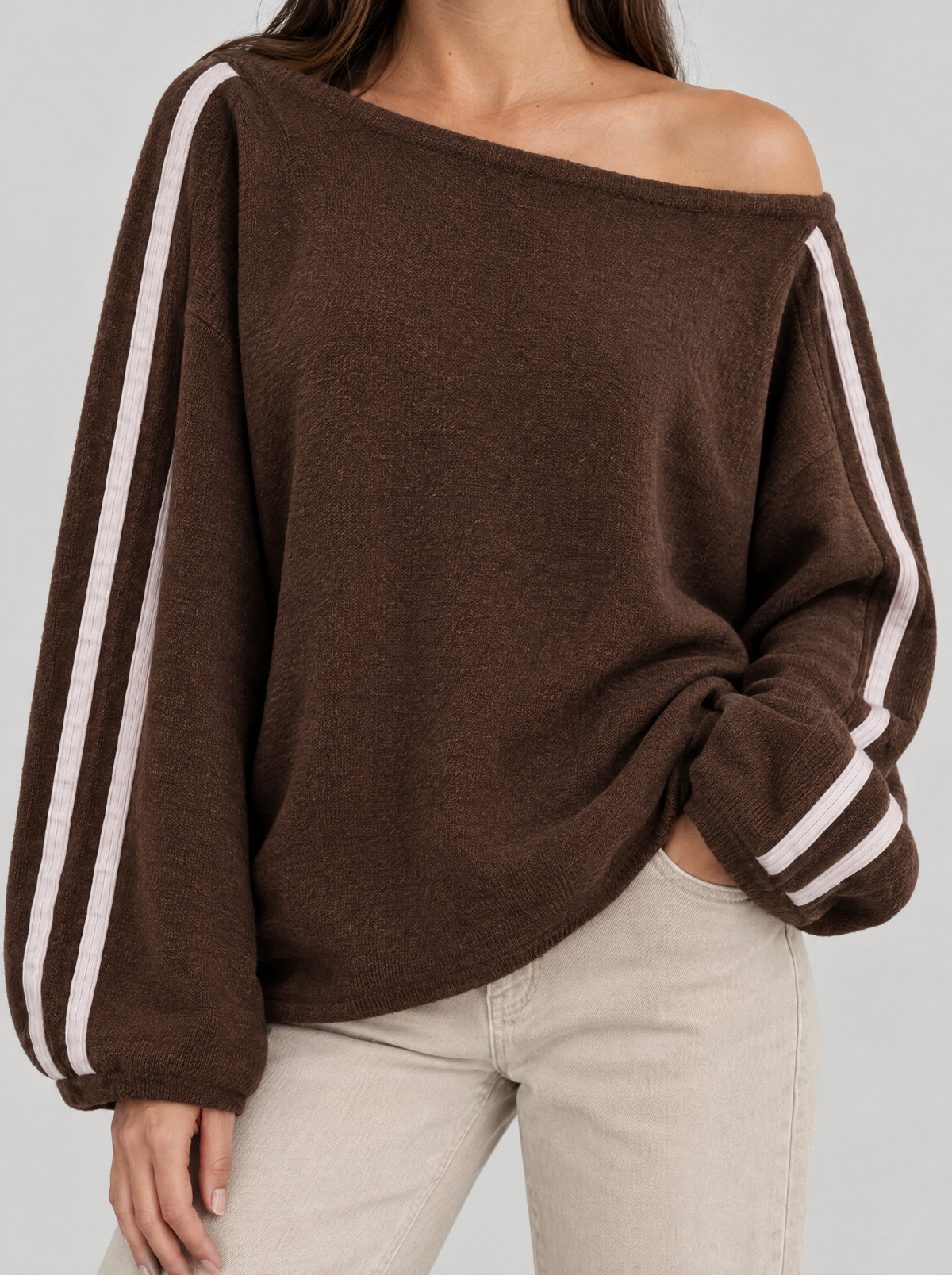 Ottavia | Women's Oversized Off-Shoulder Jumper with Striped Sleeves, enlarged view