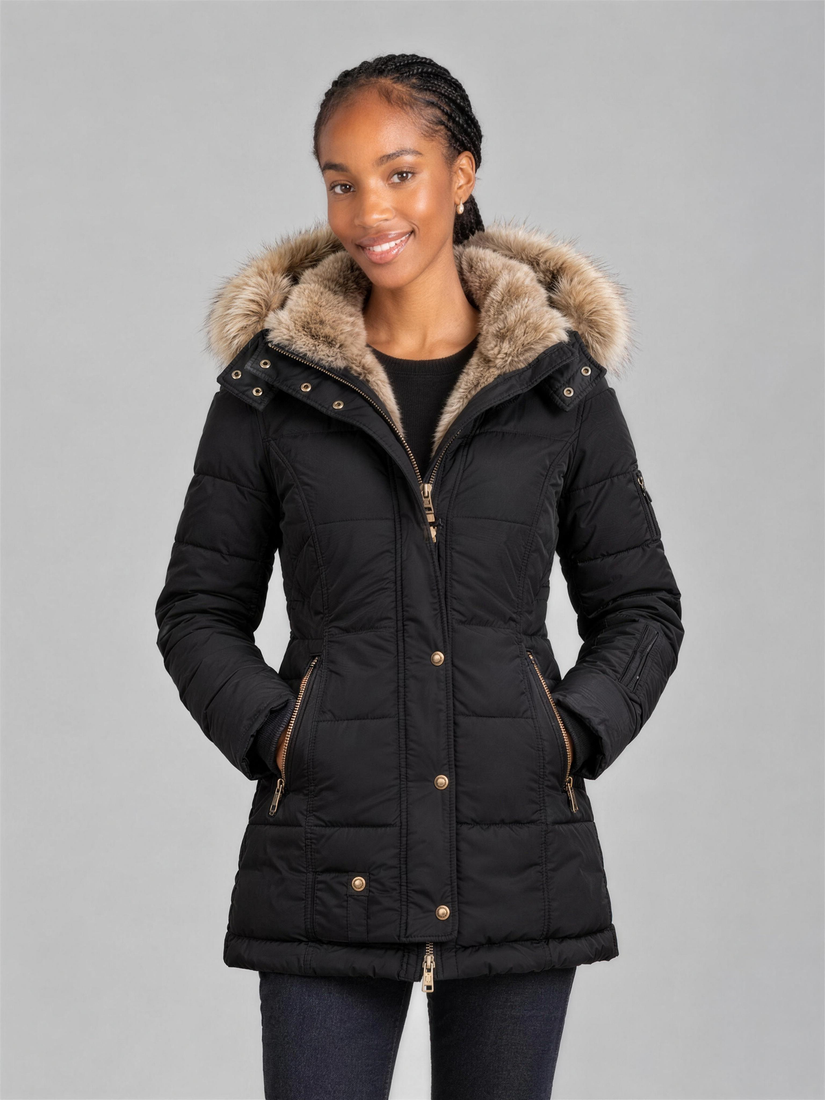 Adriana | Women's Padded Hooded Winter Coat with Faux Fur Trim