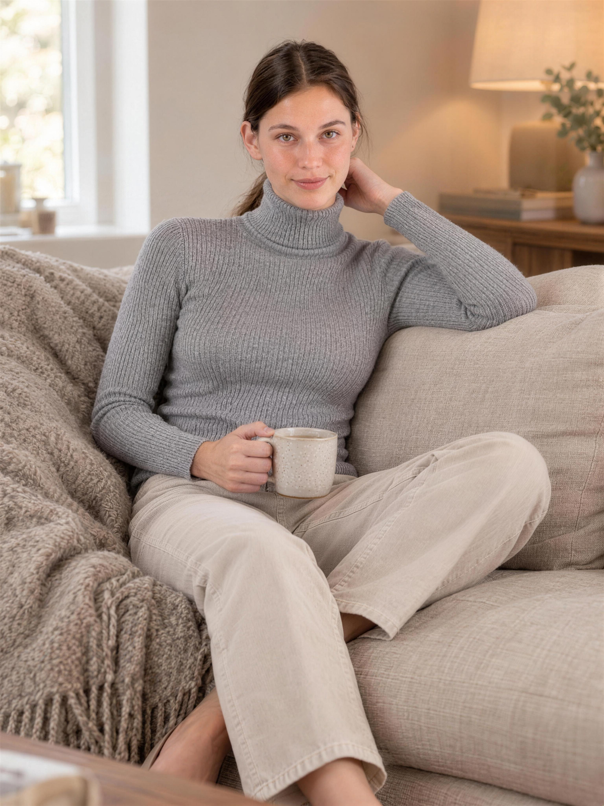 Fabiola | Women's Soft Rib Knit Roll Neck Jumper in Grey Marl