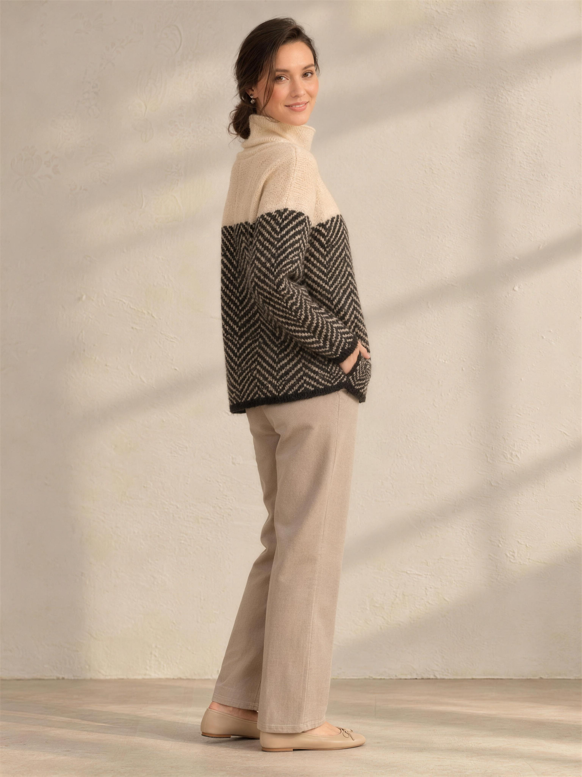Sabrina | Women's Herringbone Cotton Roll Neck Jumper
