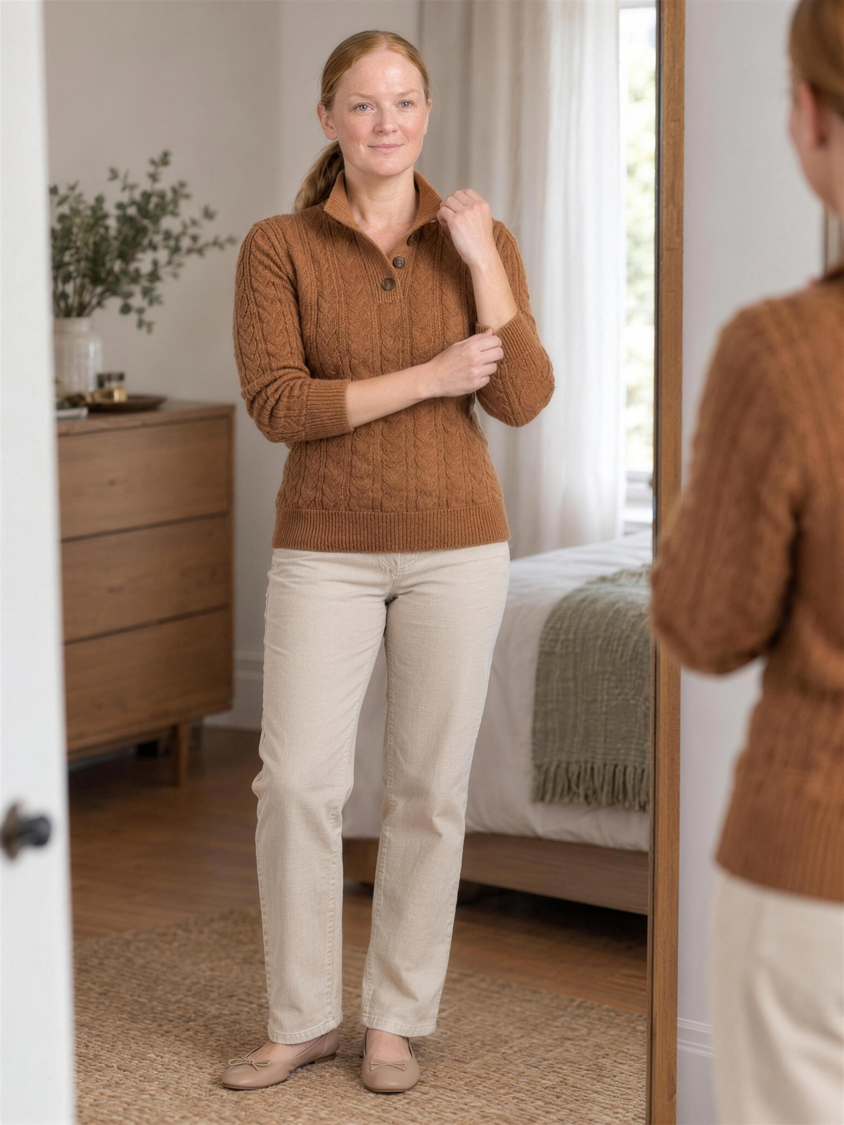 Pia | Women's Cable Knit Jumper with Half-Button Collar