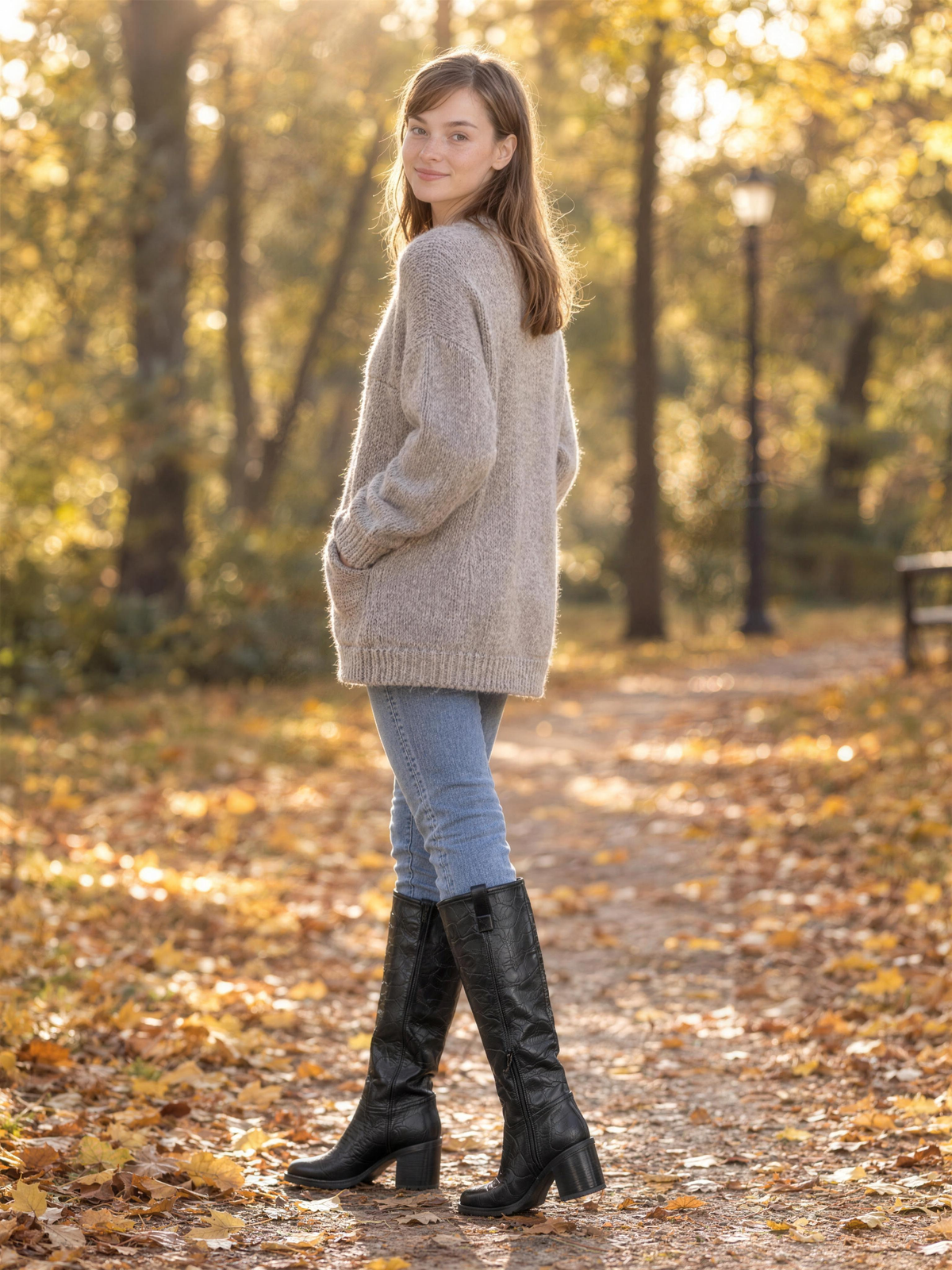 Alessia | Women's Knee-High Croc-Effect Block Heel Boots in Black