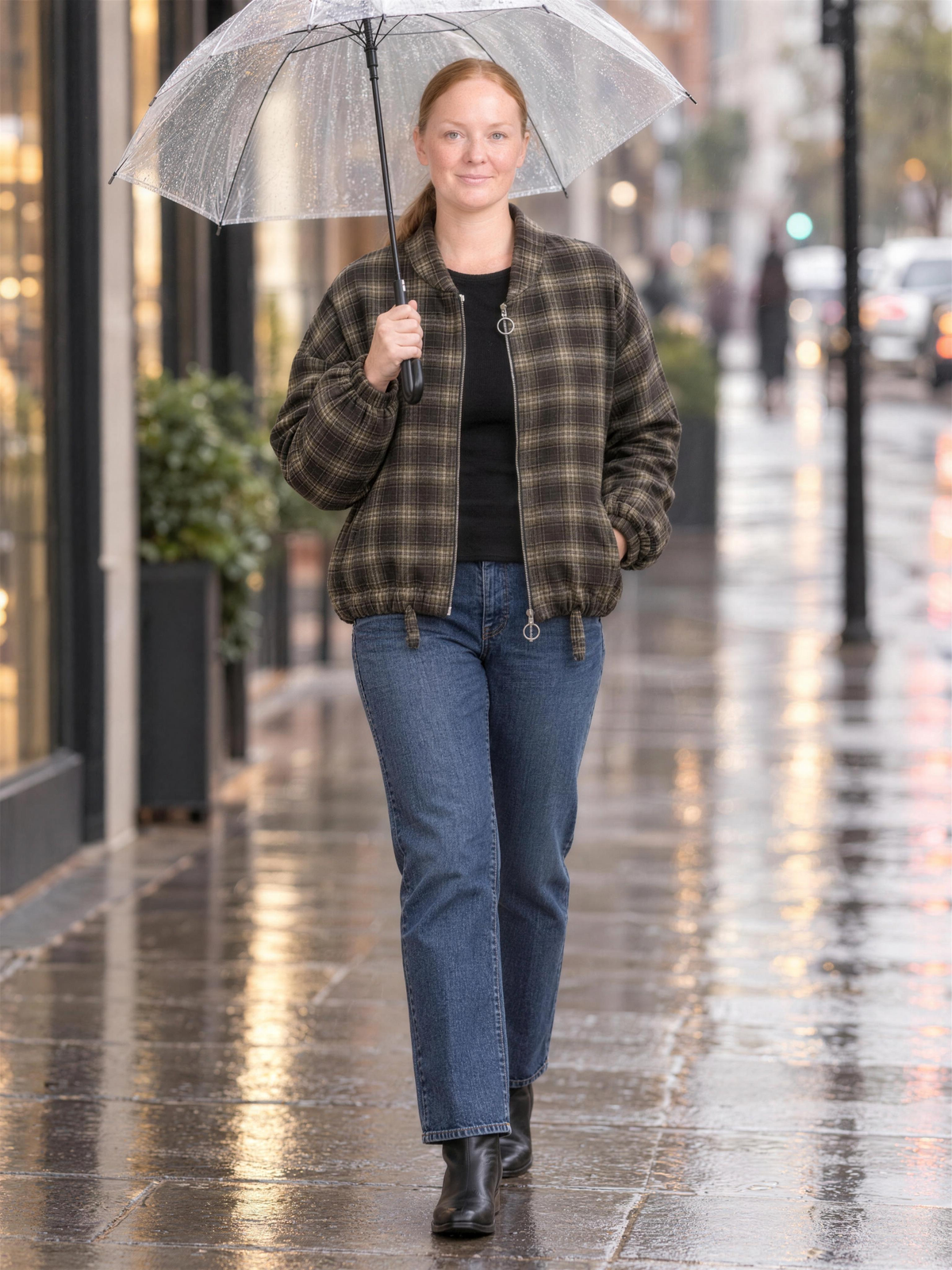 Carla | Women's Checked Teddy Bomber Jacket with Zip