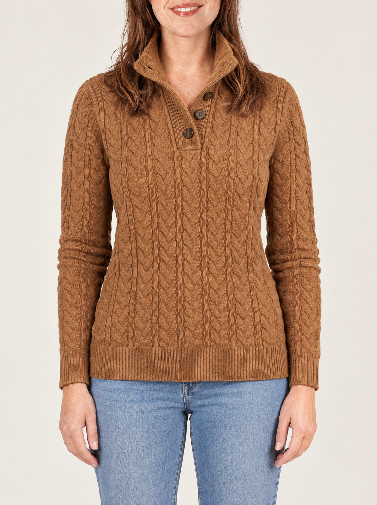 Pia | Women's Cable Knit Jumper with Half-Button Collar