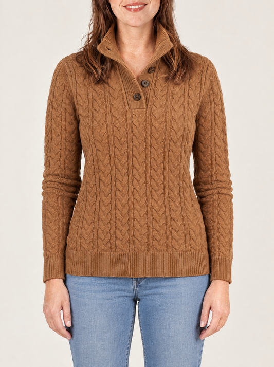 Pia | Women's Cable Knit Jumper with Half-Button Collar