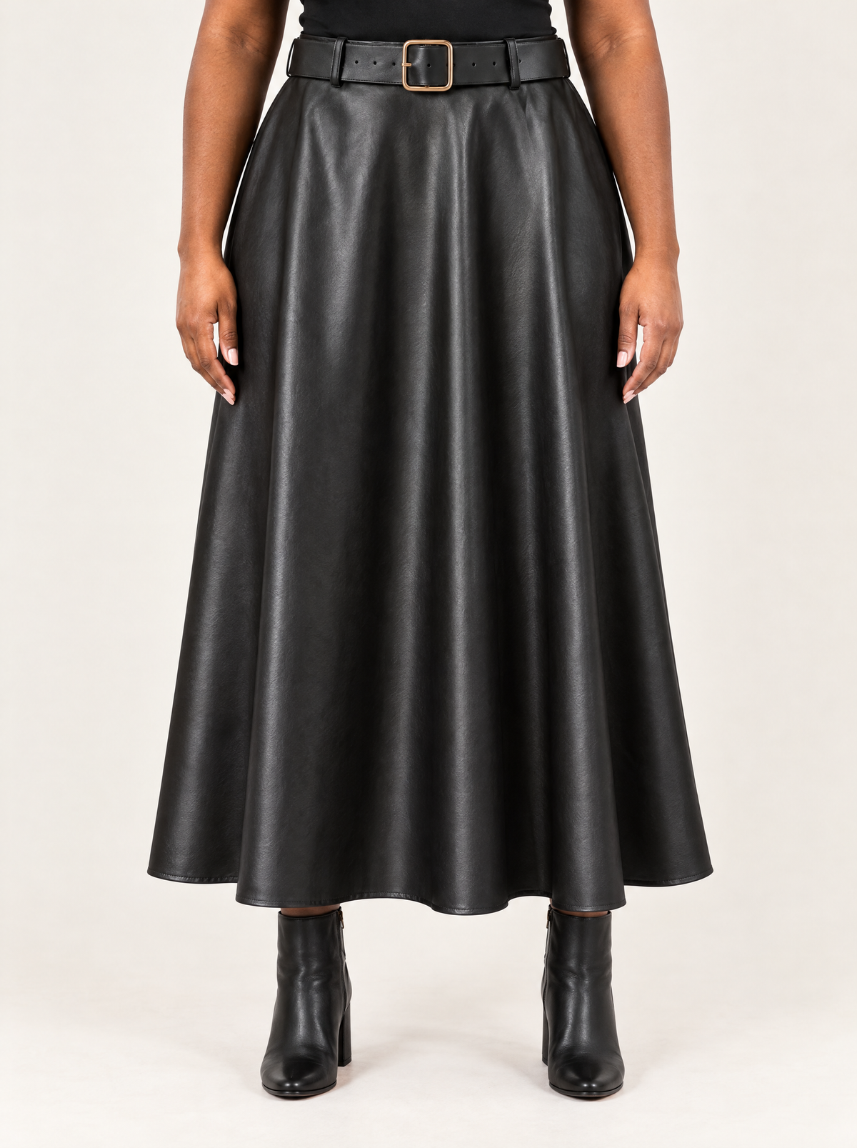 Mirella | Women's Faux Leather Midi Skirt with Belt