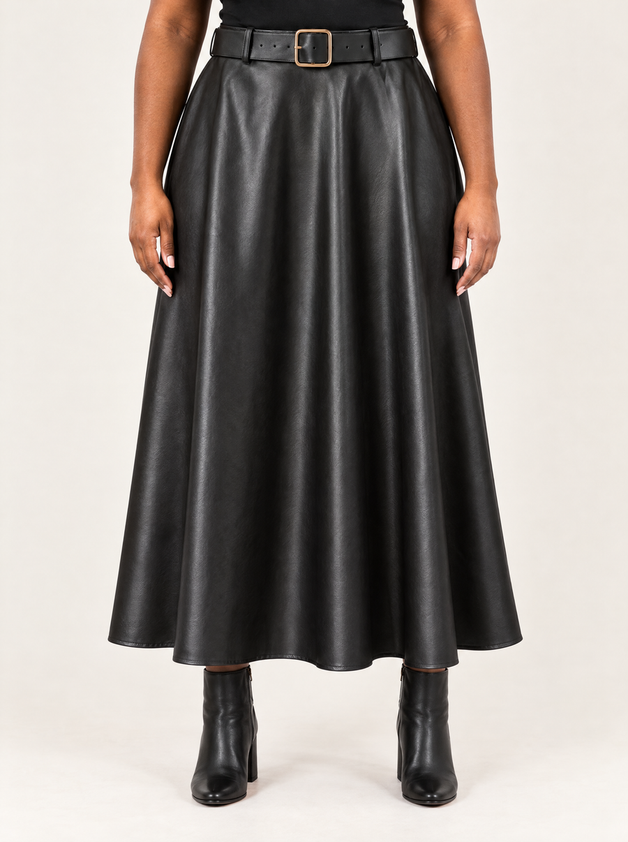 Mirella | Women's Faux Leather Midi Skirt with Belt