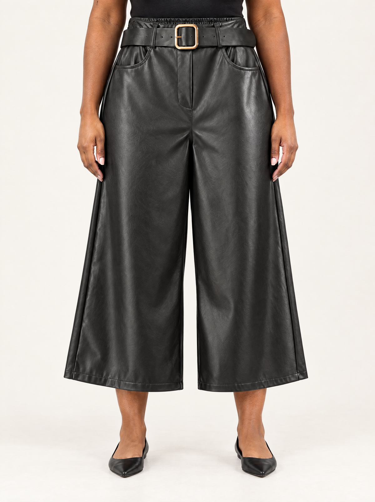 Caterina | Women's Faux Leather Capri Trousers with Belt, enlarged view