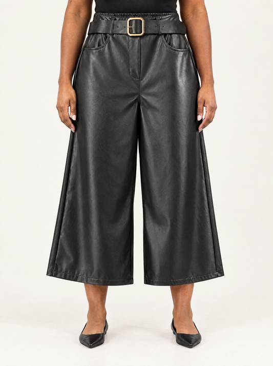 Caterina | Women's Faux Leather Capri Trousers with Belt