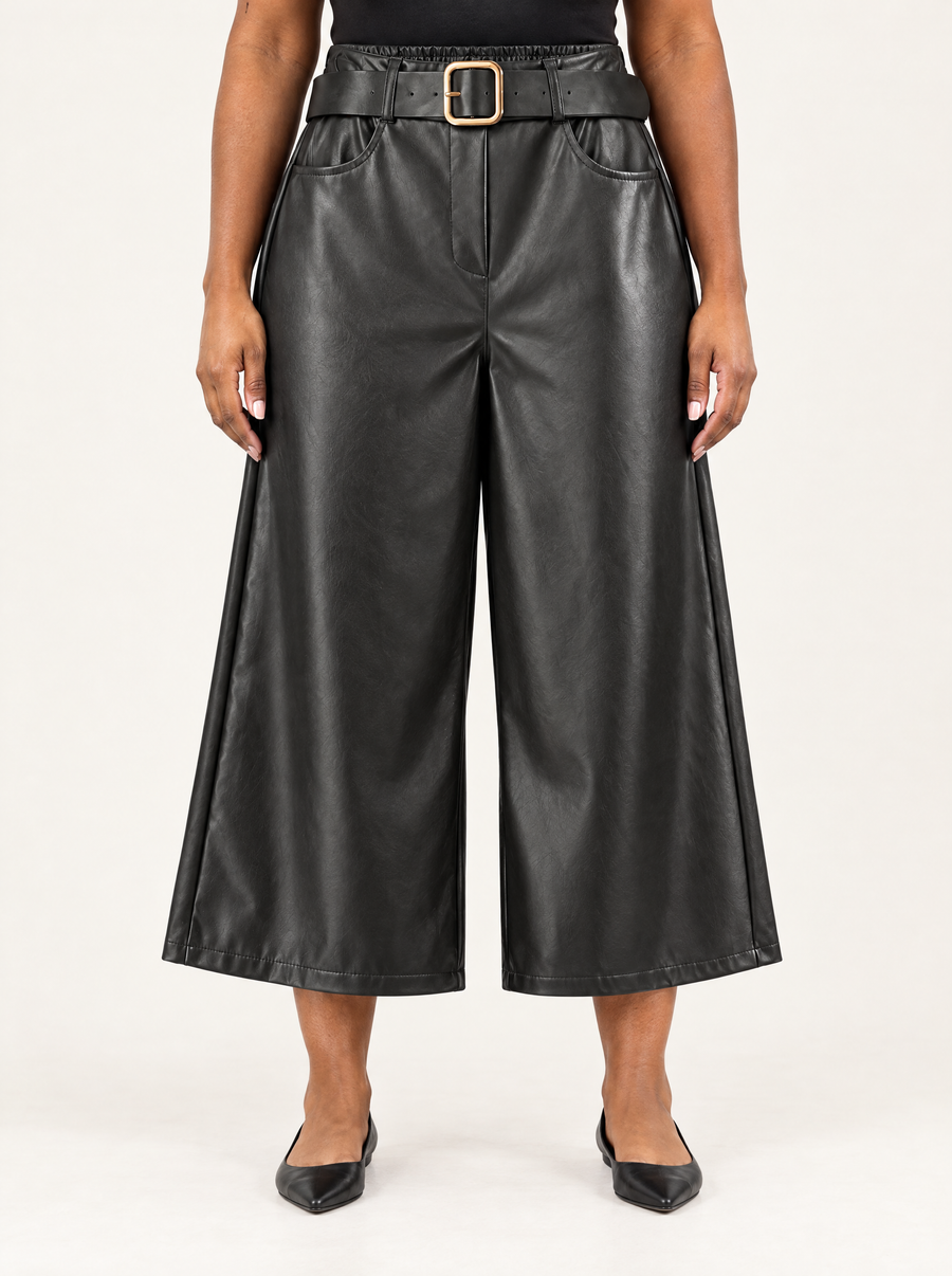 Caterina | Women's Faux Leather Capri Trousers with Belt