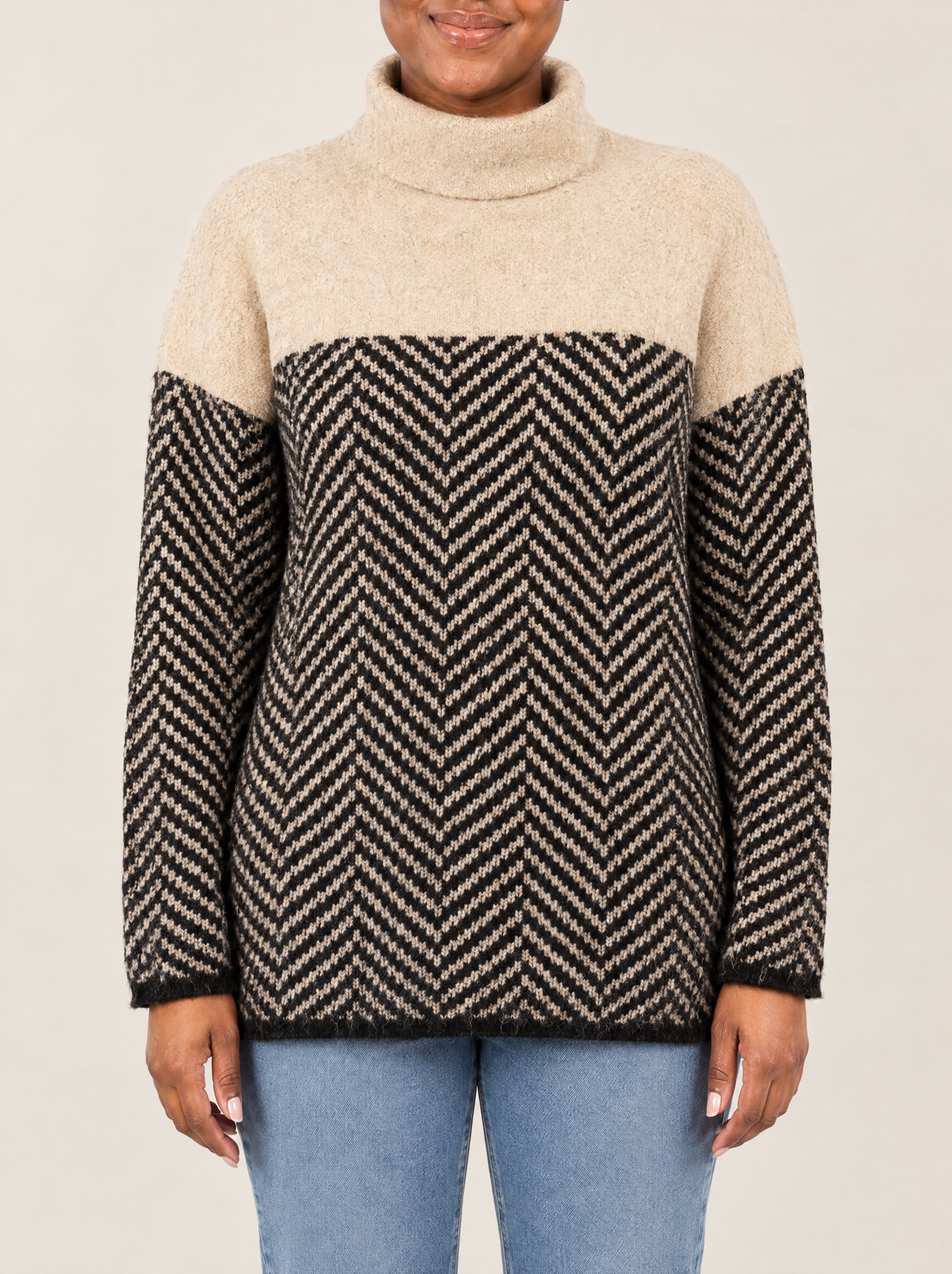 Sabrina | Women's Herringbone Cotton Roll Neck Jumper, enlarged view