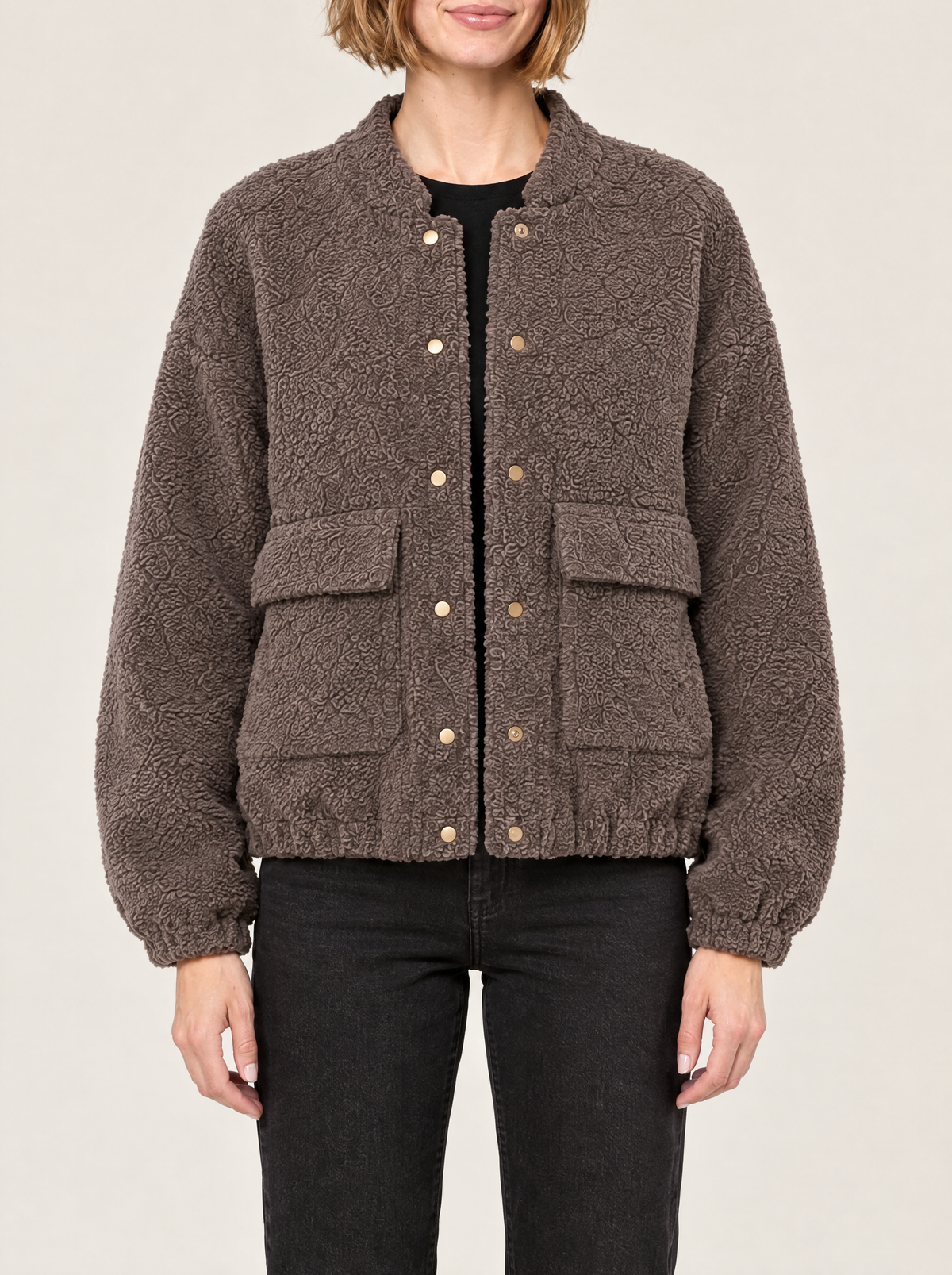 Tiziana | Women's Teddy Bomber Jacket with Button Fastening, enlarged view