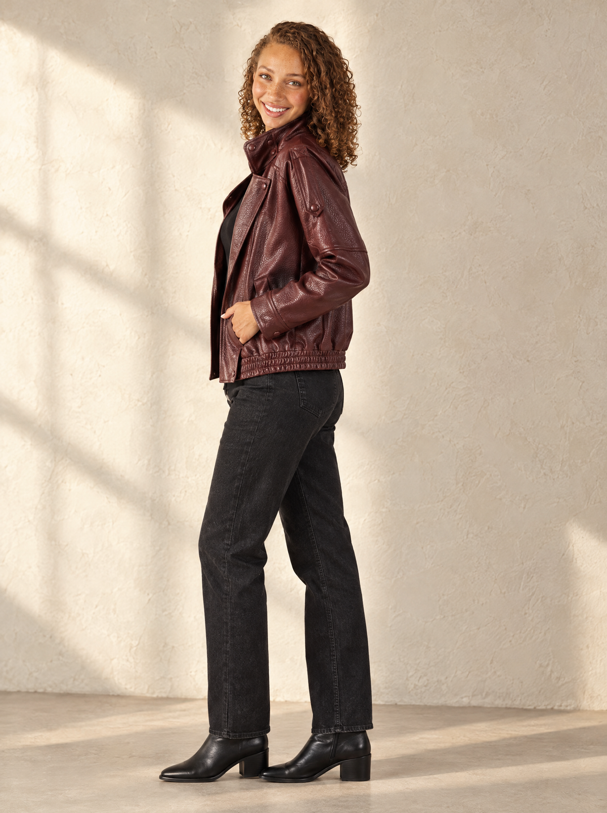 Miranda | Women's Faux Leather Biker Jacket with High Collar