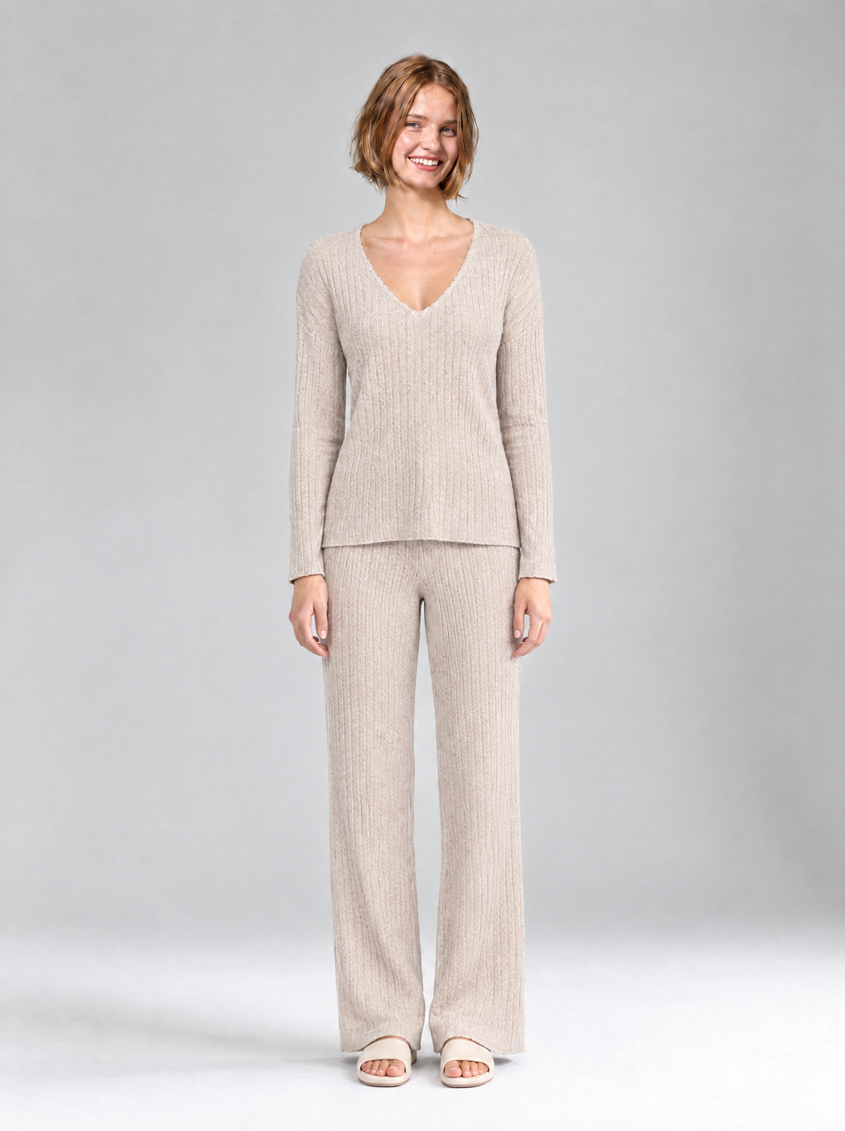 Lea | Women's Ribbed Knit V-Neck Lounge Set with Wide-Leg Trousers