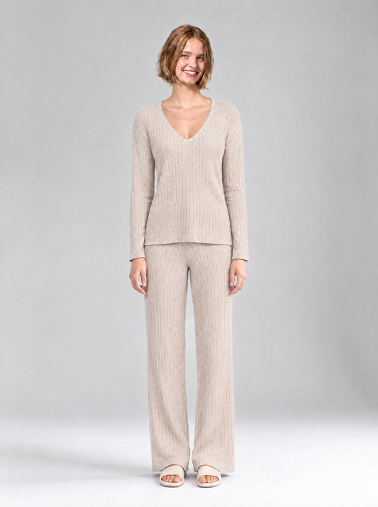 Lea | Women's Ribbed Knit V-Neck Lounge Set with Wide-Leg Trousers