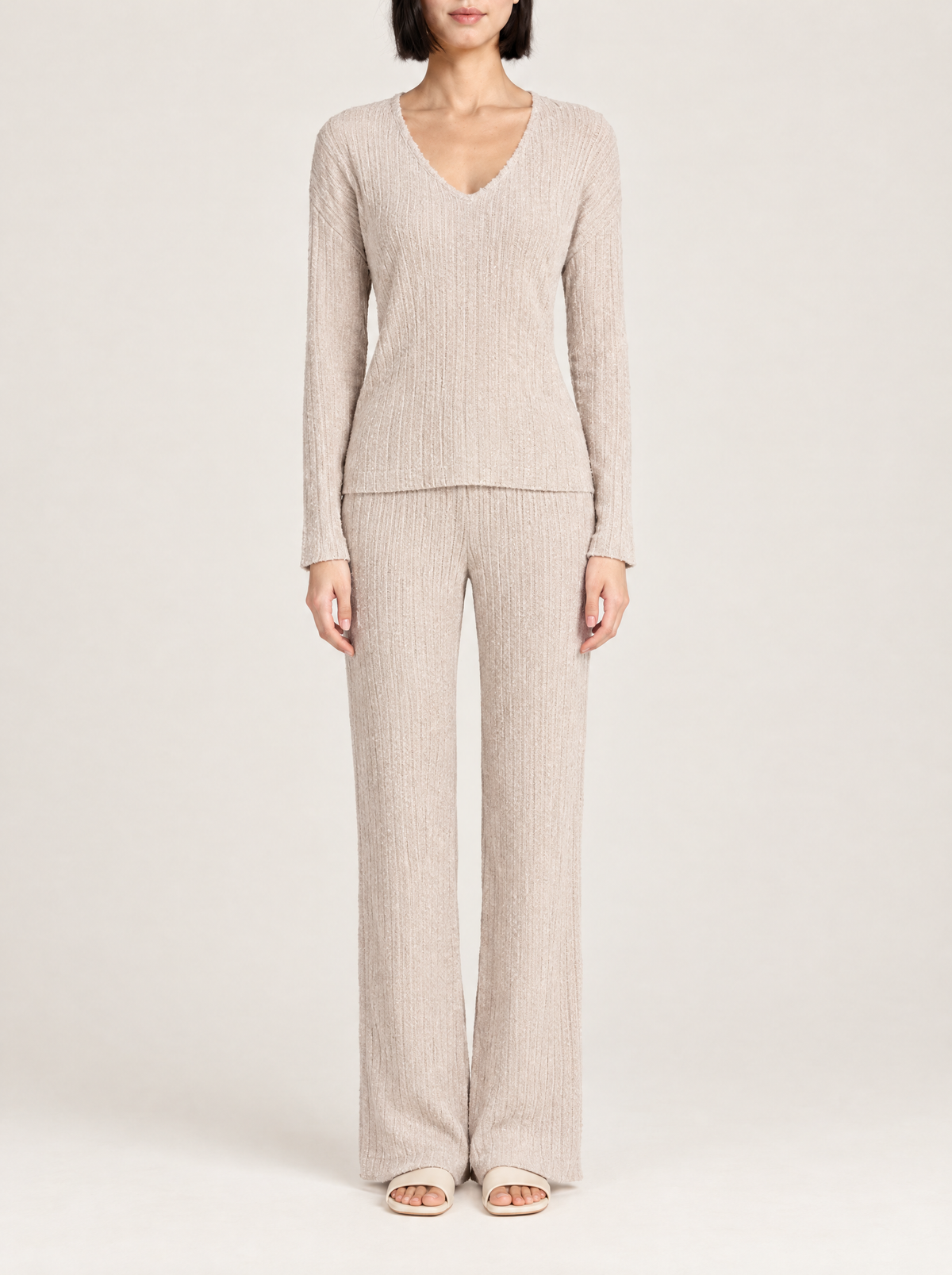 Lea | Women's Ribbed Knit V-Neck Lounge Set with Wide-Leg Trousers, enlarged view