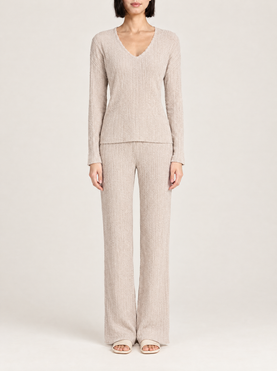 Lea | Women's Ribbed Knit V-Neck Lounge Set with Wide-Leg Trousers