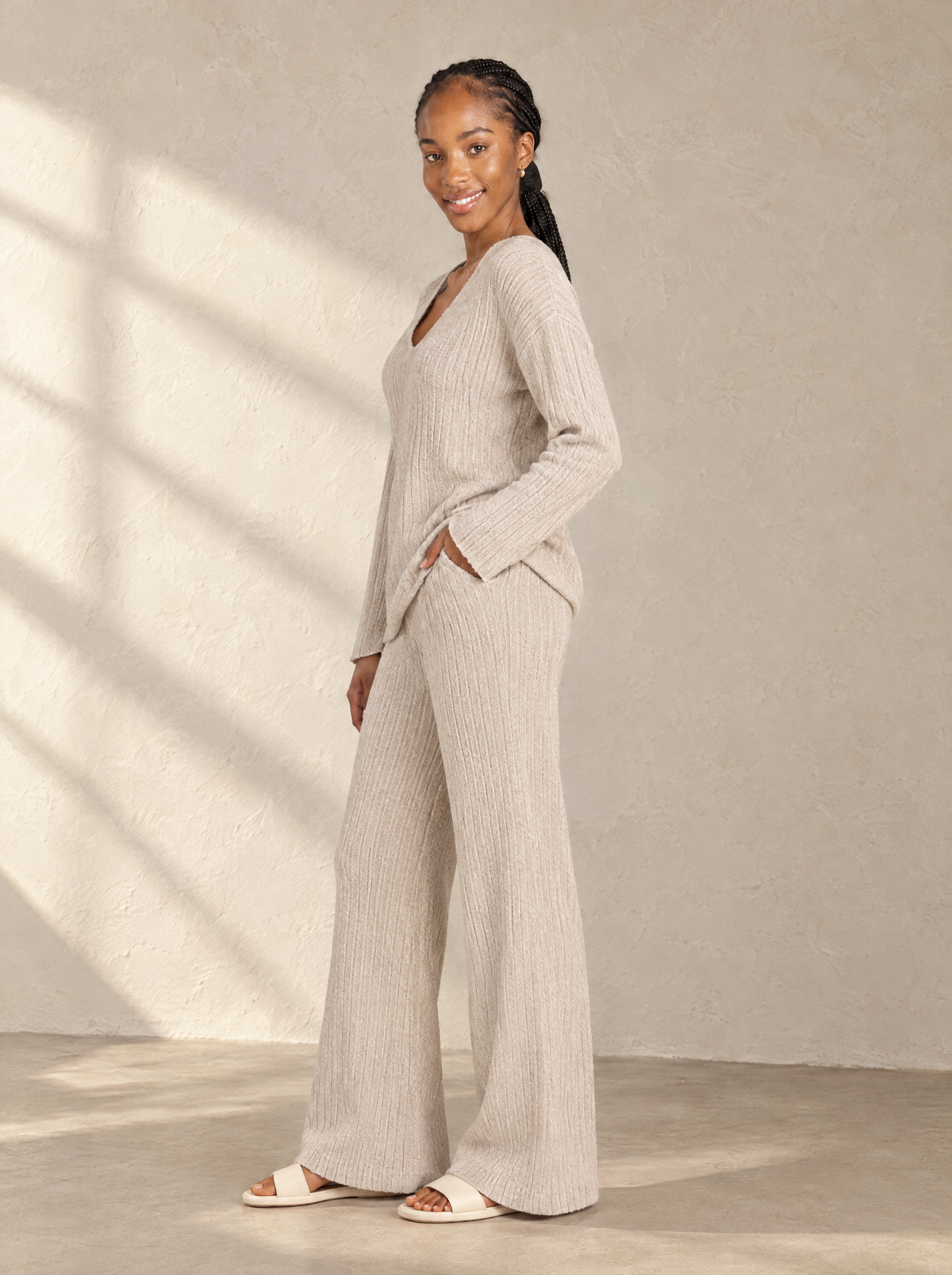 Lea | Women's Ribbed Knit V-Neck Lounge Set with Wide-Leg Trousers