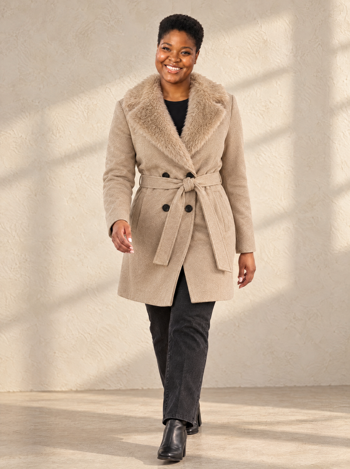 Lucrezia | Women's Double-Breasted Belted Coat with Faux Fur Collar in Beige