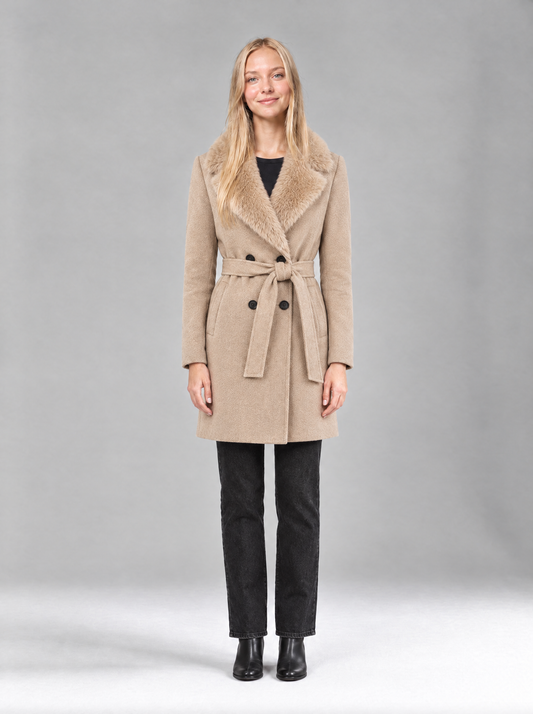 Lucrezia | Women's Double-Breasted Belted Coat with Faux Fur Collar in Beige
