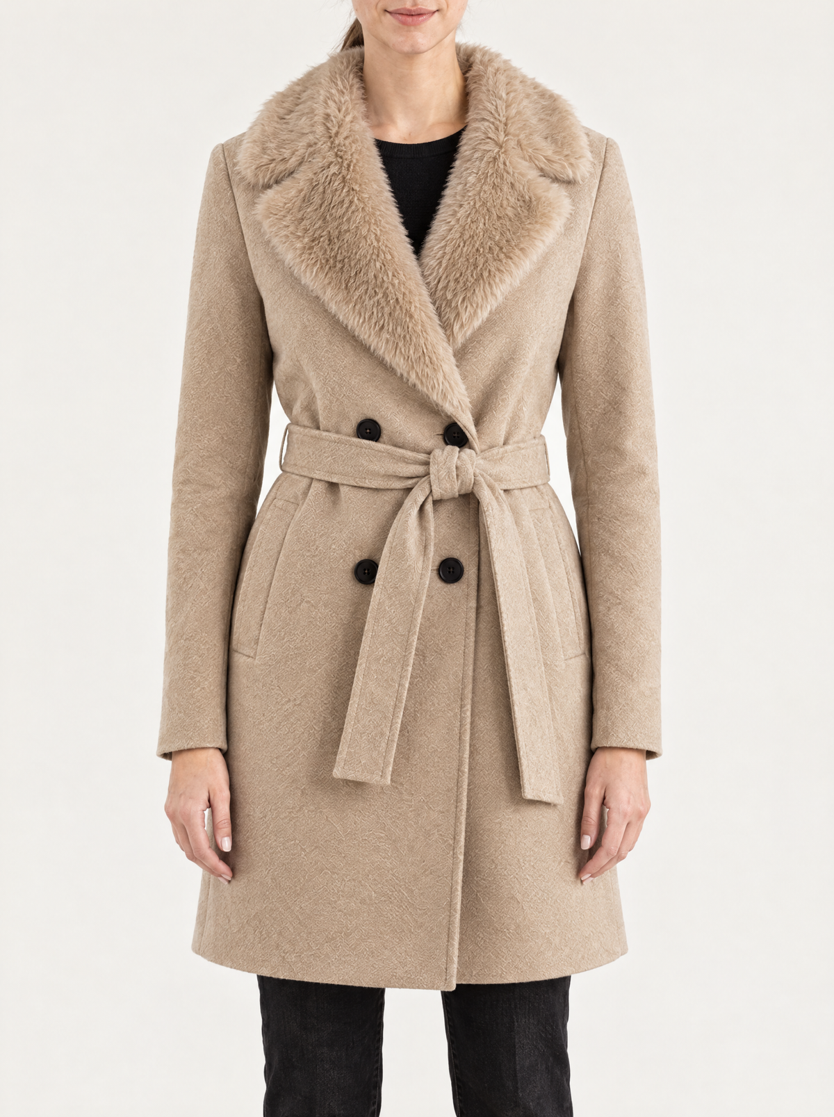 Lucrezia | Women's Double-Breasted Belted Coat with Faux Fur Collar in Beige