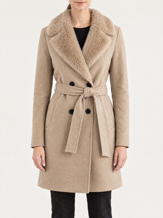 Lucrezia | Women's Double-Breasted Belted Coat with Faux Fur Collar in Beige