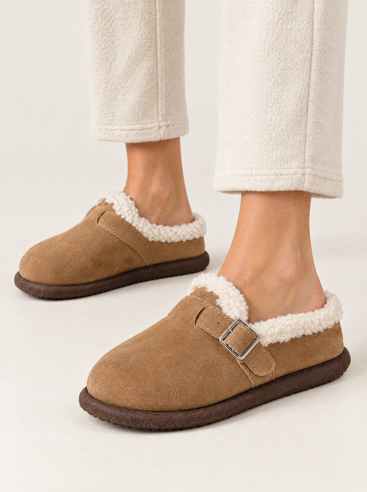 Marta | Women's Fleece-Lined Faux Suede Clog Slippers with Buckle, enlarged view