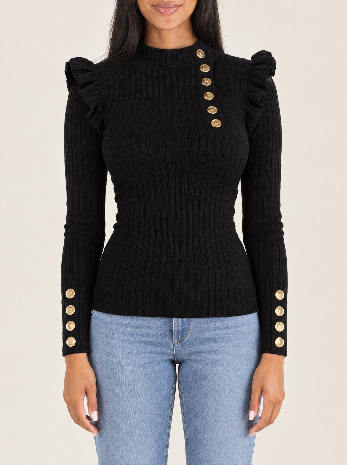 Ilaria | Women's Frill Sleeve Jumper with Gold Buttons in Black