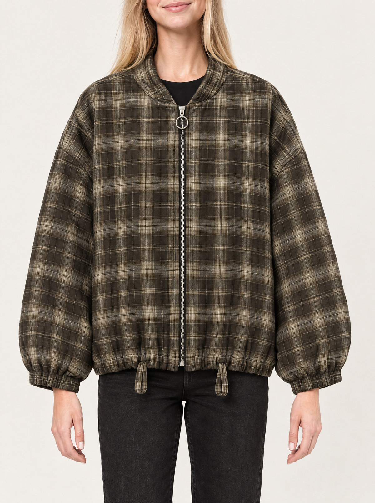 Carla | Women's Checked Teddy Bomber Jacket with Zip