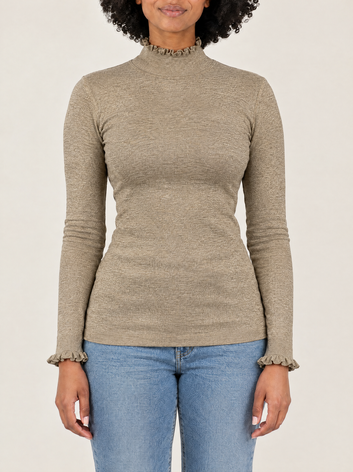 Greta | Women's Ruffle Trim Glitter Knit Top, enlarged view