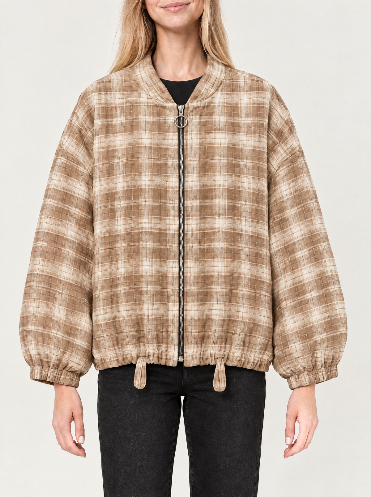 Carla | Women's Checked Teddy Bomber Jacket with Zip