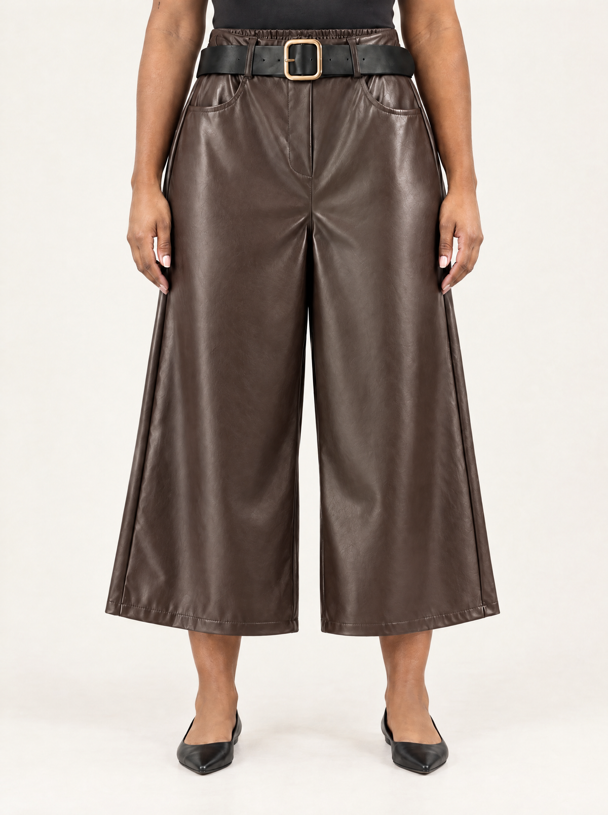 Caterina | Women's Faux Leather Capri Trousers with Belt
