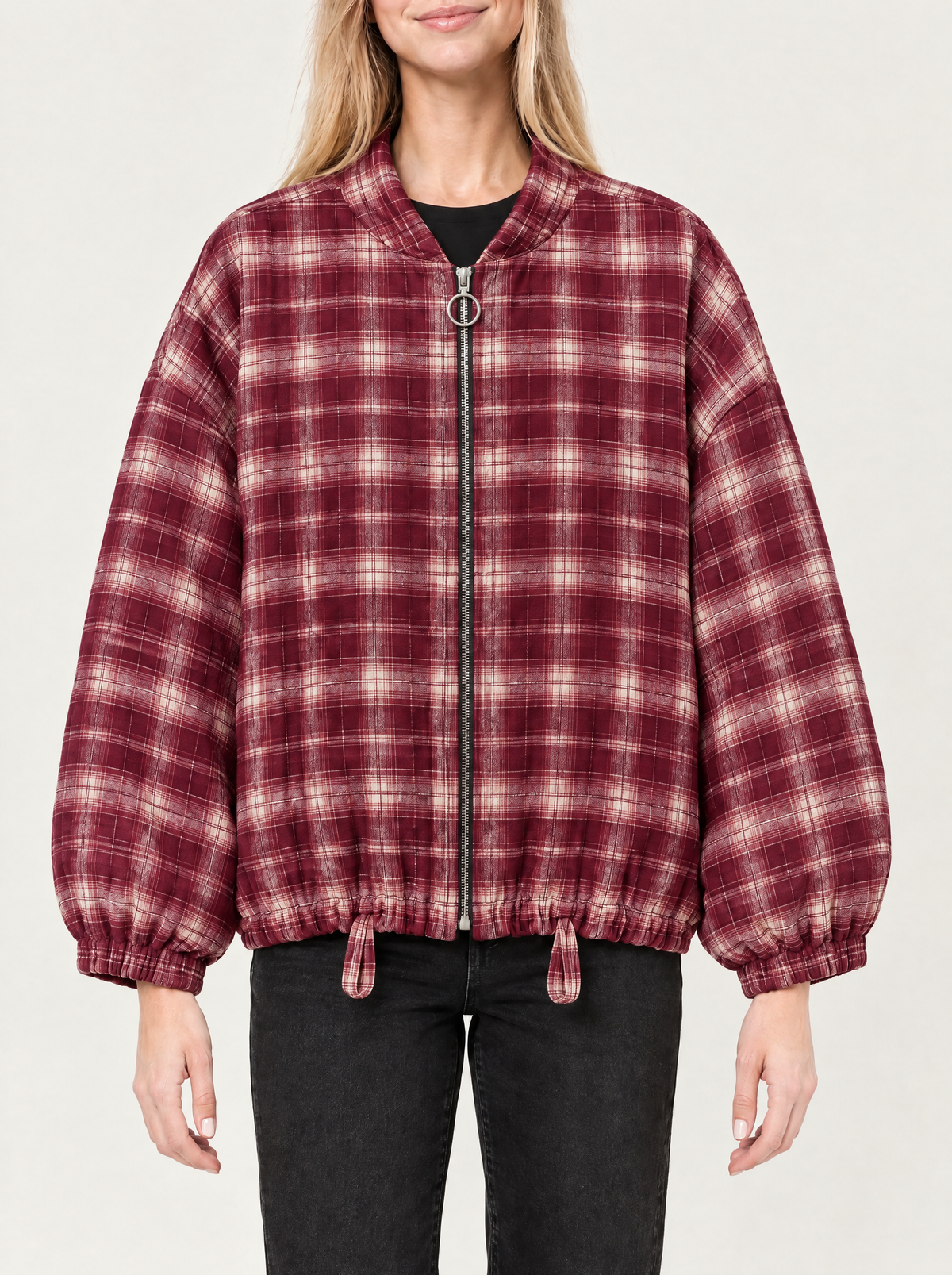 Carla | Women's Checked Teddy Bomber Jacket with Zip