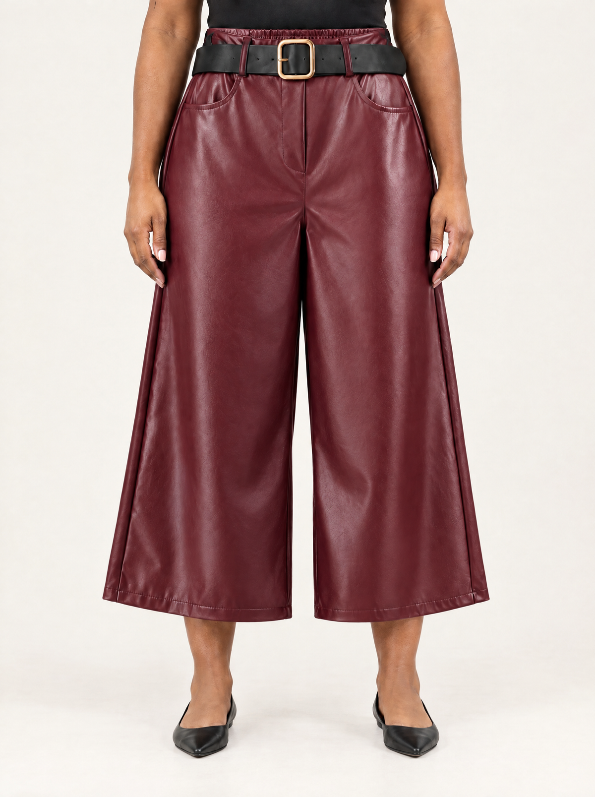 Caterina | Women's Faux Leather Capri Trousers with Belt