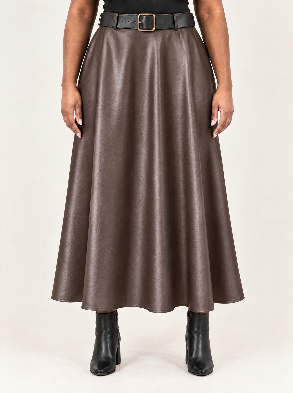 Mirella | Women's Faux Leather Midi Skirt with Belt