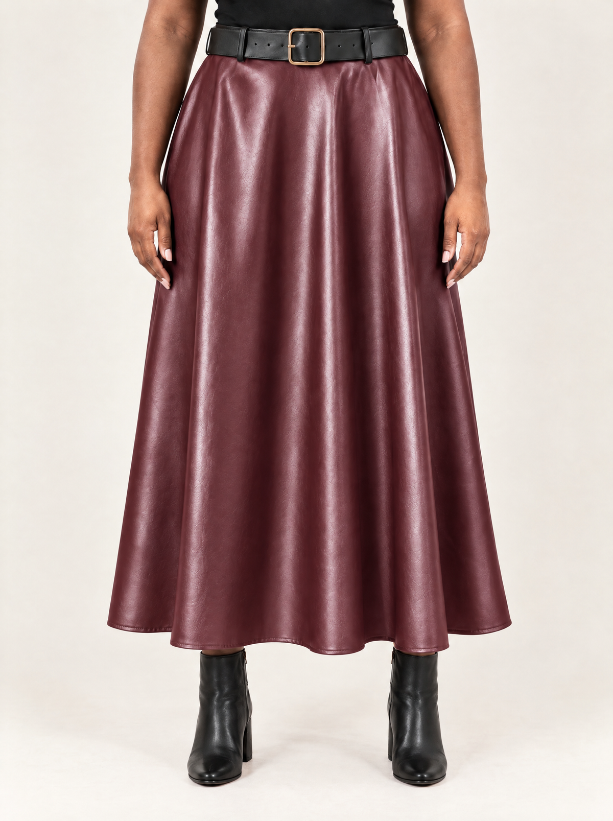 Mirella | Women's Faux Leather Midi Skirt with Belt