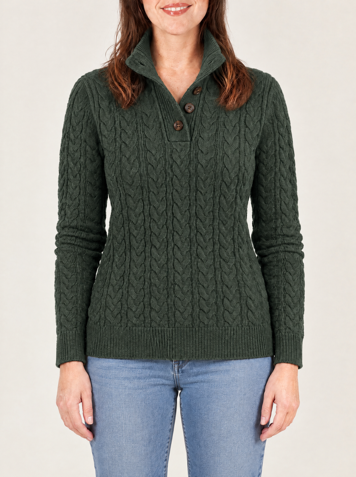 Pia | Women's Cable Knit Jumper with Half-Button Collar
