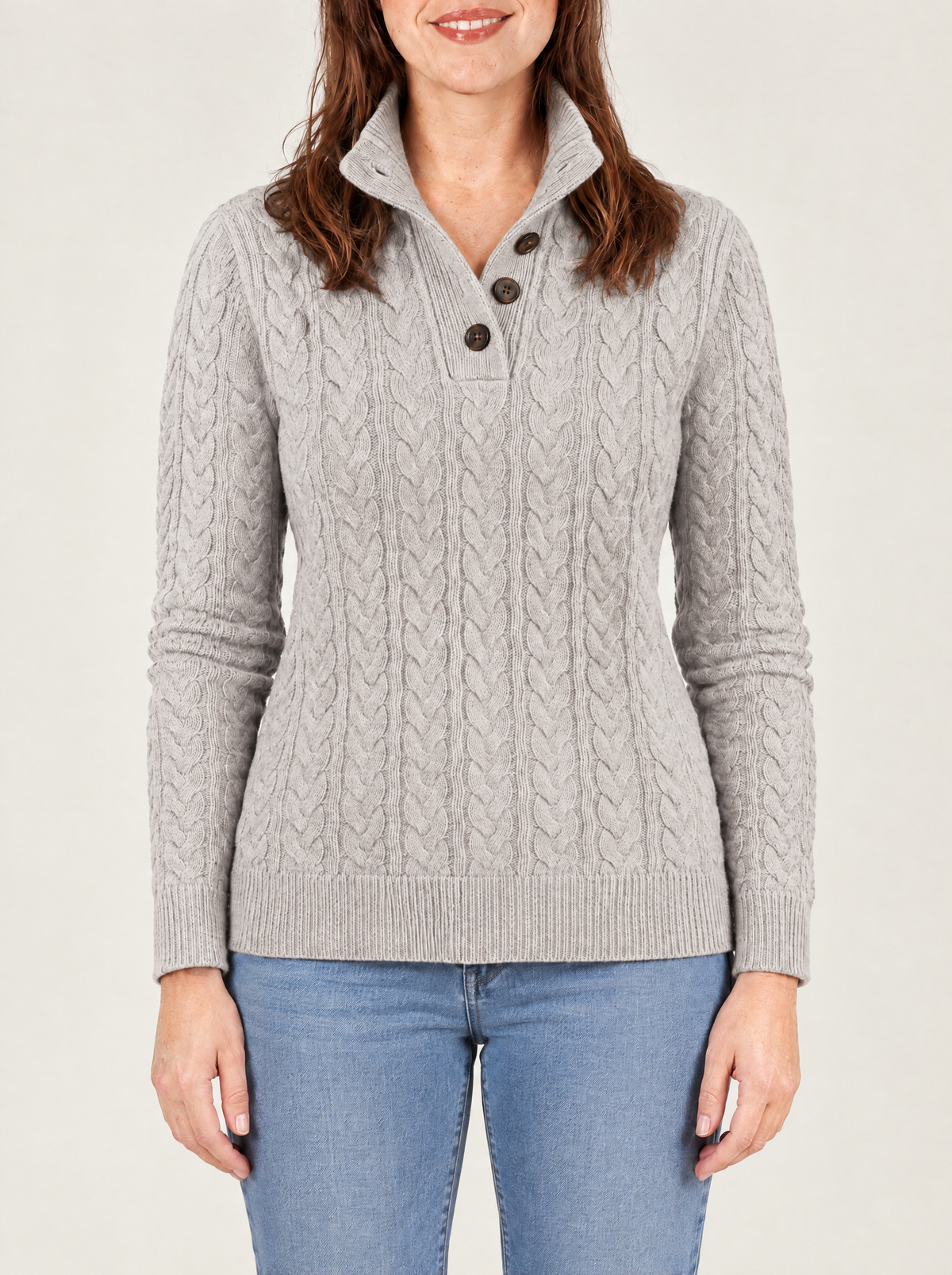 Pia | Women's Cable Knit Jumper with Half-Button Collar