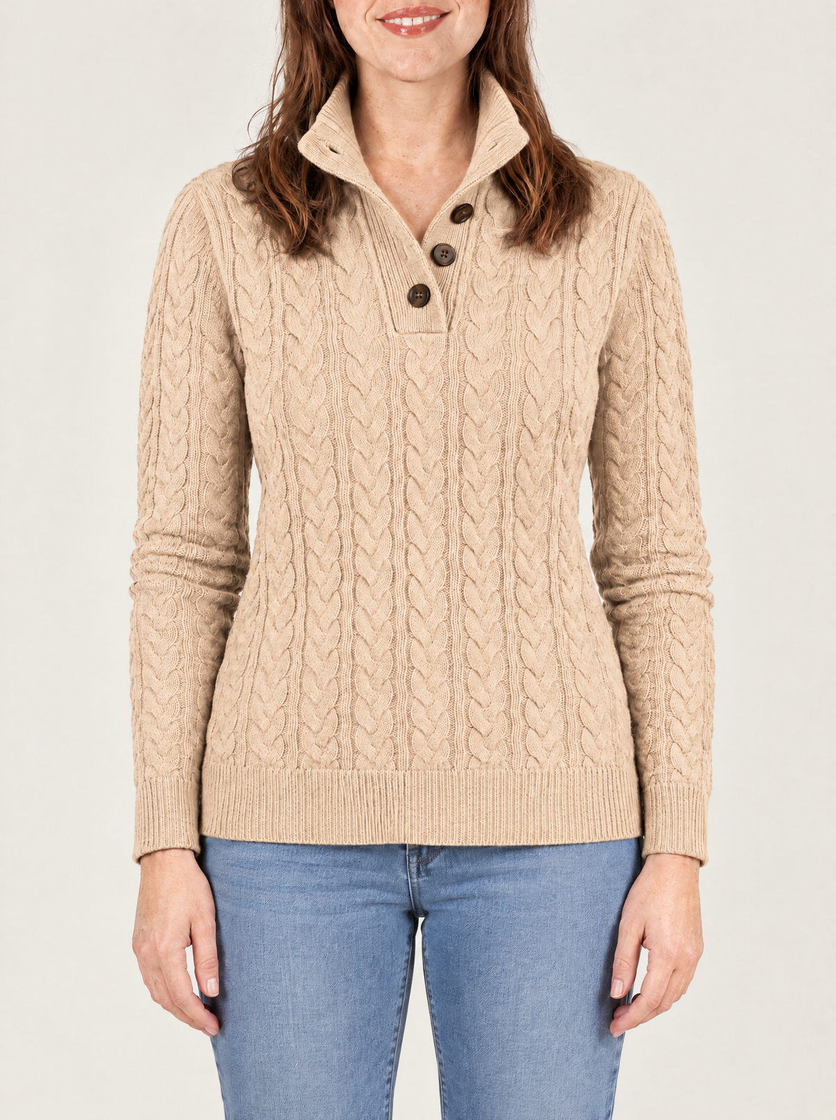 Pia | Women's Cable Knit Jumper with Half-Button Collar