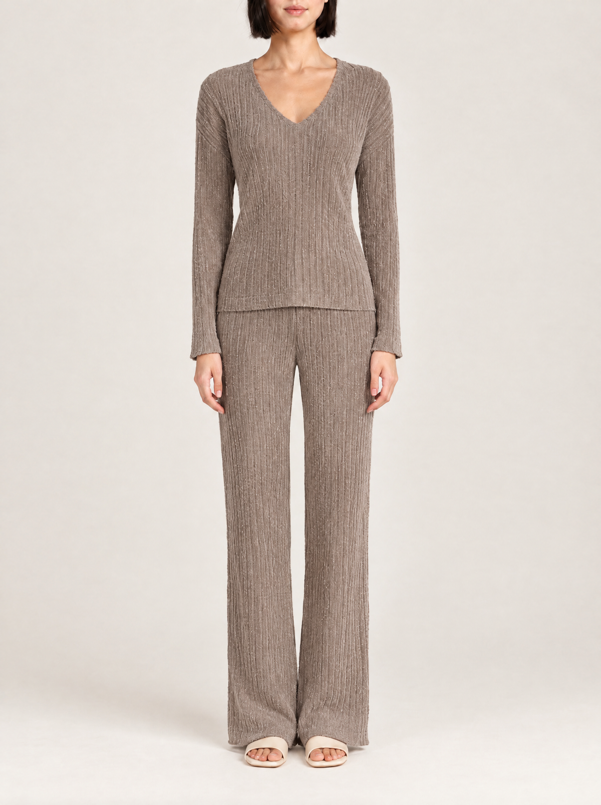 Lea | Women's Ribbed Knit V-Neck Lounge Set with Wide-Leg Trousers