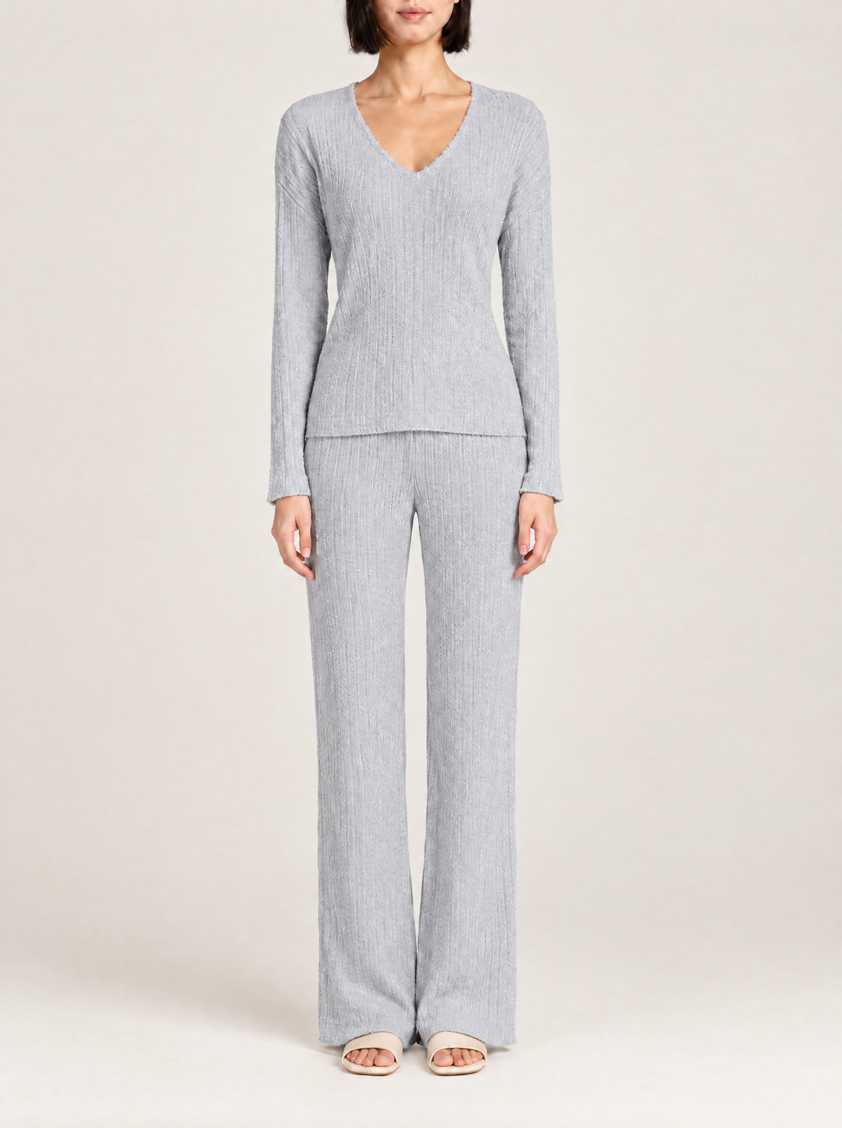 Lea | Women's Ribbed Knit V-Neck Lounge Set with Wide-Leg Trousers