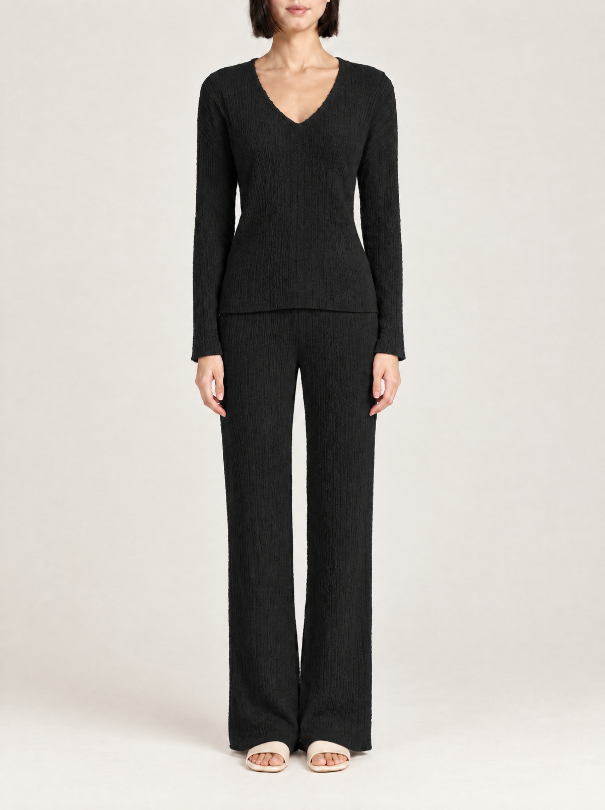 Lea | Women's Ribbed Knit V-Neck Lounge Set with Wide-Leg Trousers