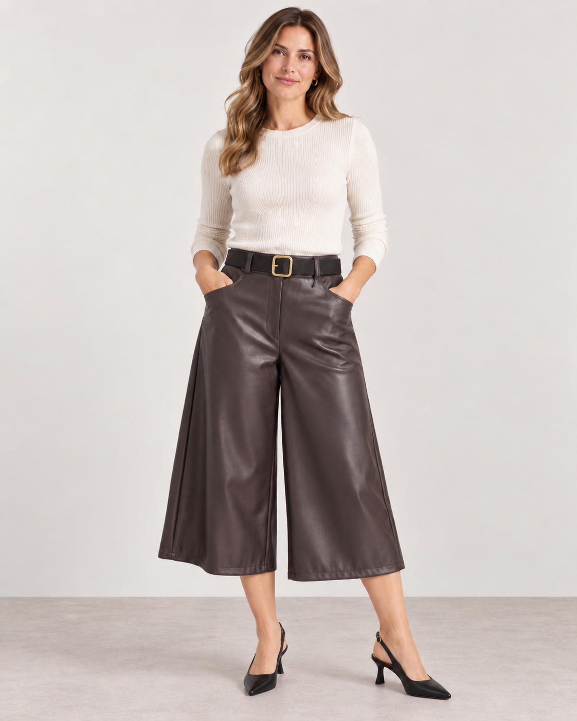 Women's Faux Leather Capri Trousers with Belt