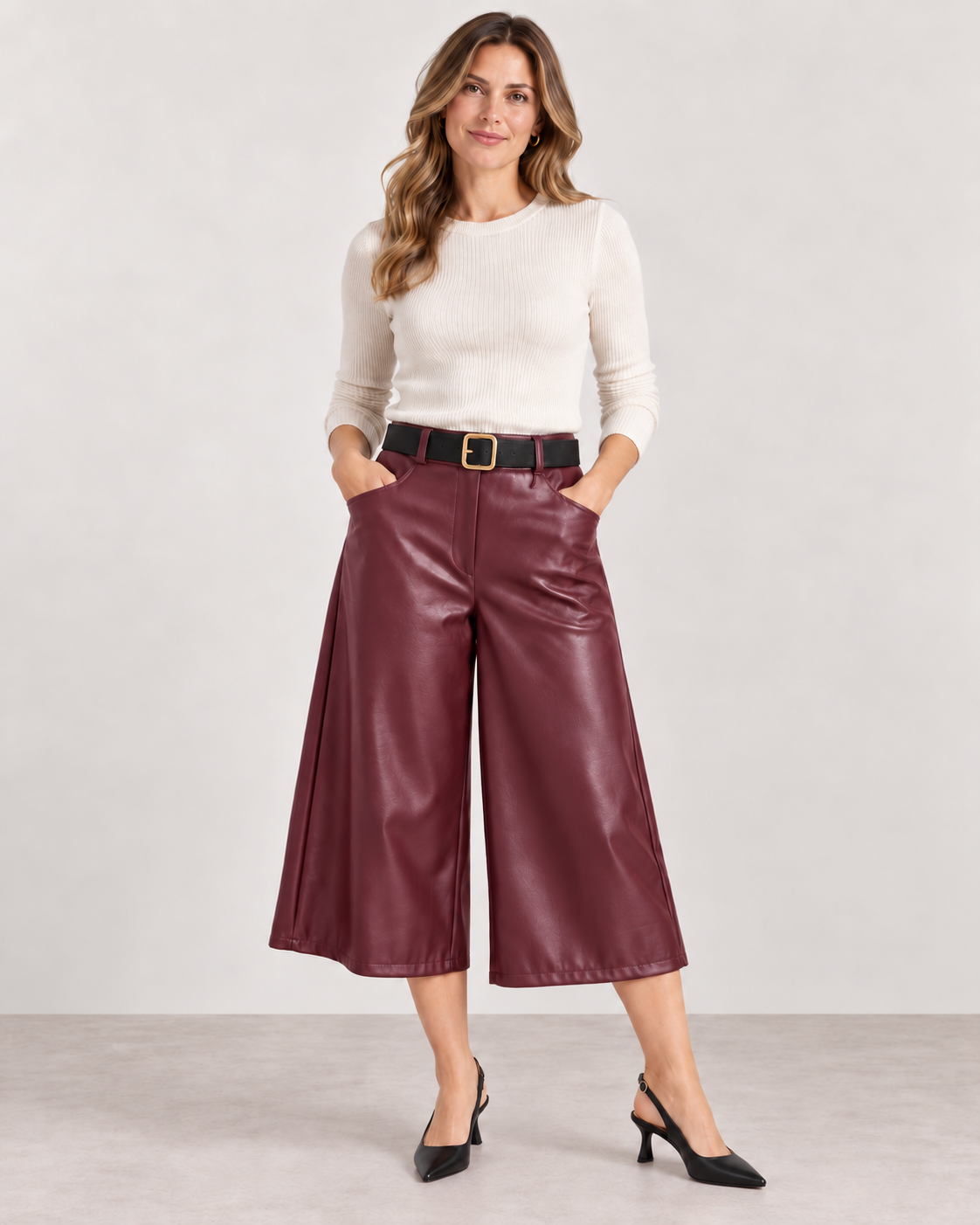 Women's Faux Leather Capri Trousers with Belt