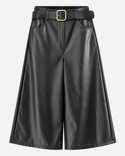 Women's Faux Leather Capri Trousers with Belt